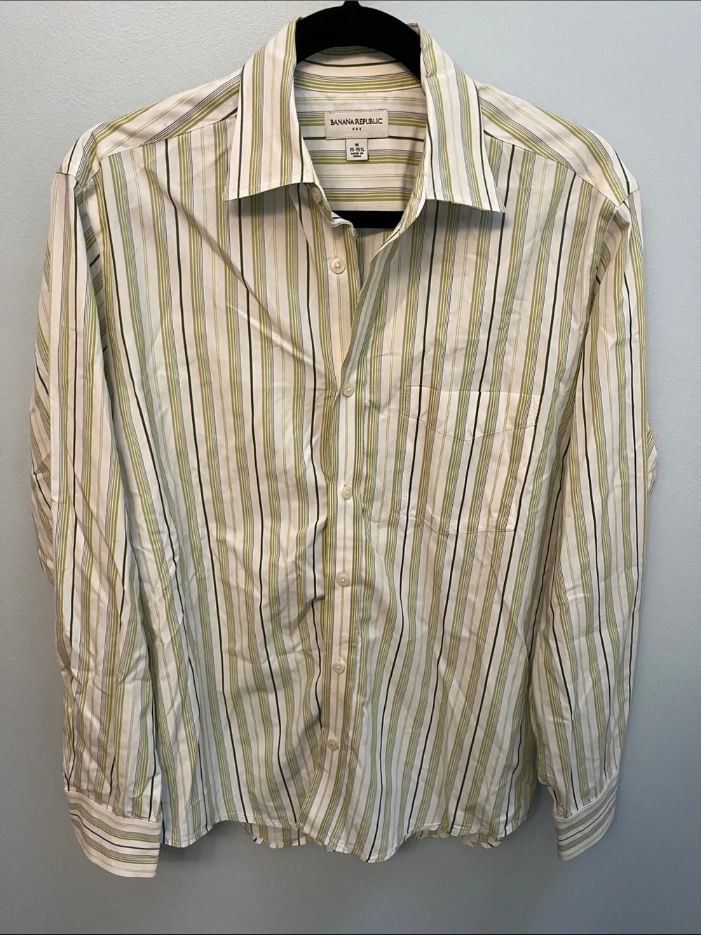 Banana Republic Men's White Shirt with Green and Tan Stripes
